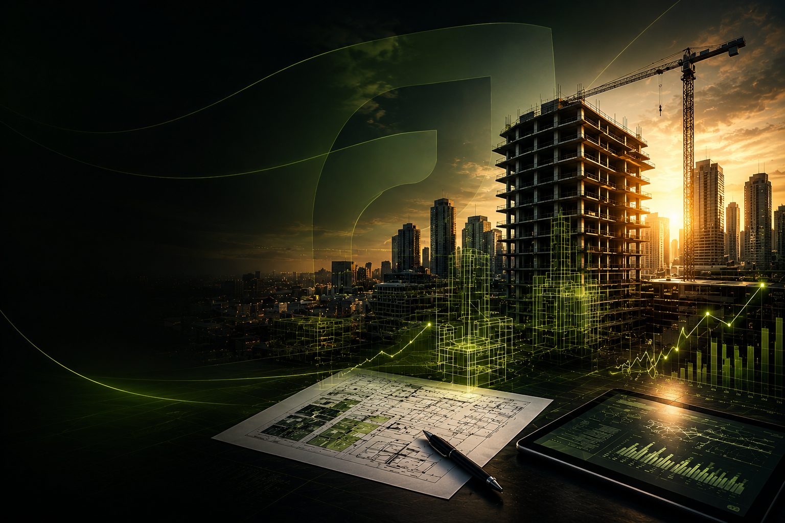 Empreendimento em construção ao entardecer, sobreposto por elementos técnicos e gráficos de investimento